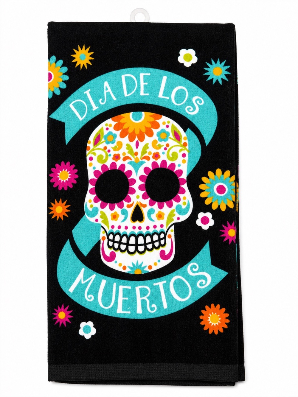 Day of the Dead Sugar Skull Kitchen Towel - Black & Turquoise - Picture 2 of 2